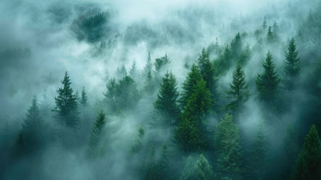 Misty landscape with fir forestの素材