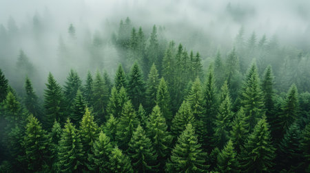 Misty landscape with fir forestの素材