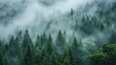 Misty landscape with fir forestの素材