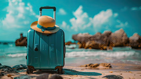 luggage and summer hat on the beach, vacation and travel conceptの素材