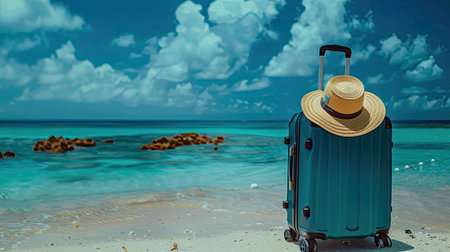 luggage and summer hat on the beach, vacation and travel conceptの素材