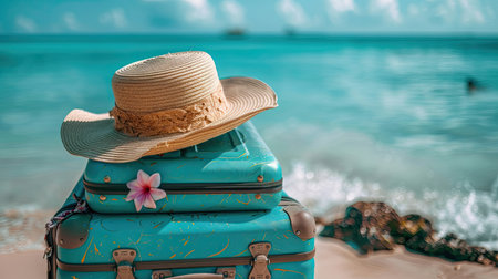 luggage and summer hat on the beach, vacation and travel conceptの素材