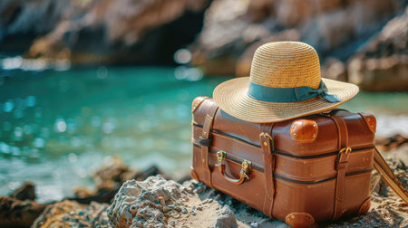 luggage and summer hat on the beach, vacation and travel conceptの素材