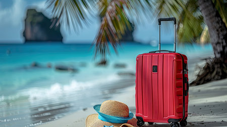 luggage and summer hat on the beach, vacation and travel conceptの素材