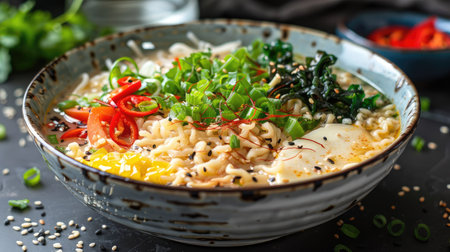 Japanese soup ramen in bowl on dark backgroundの素材