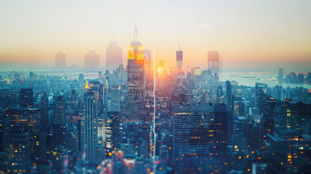 futuristic business background, double exposure of city skylineの素材