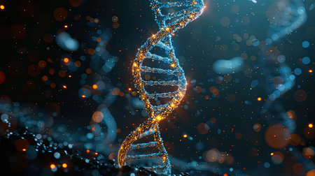 DNA molecule structure on dark background. Medical science and technologyの素材