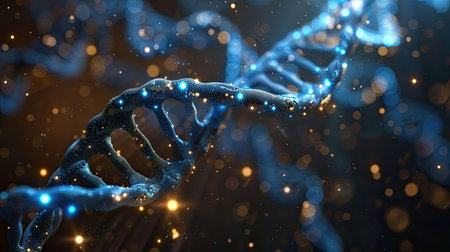 DNA molecule structure on dark background. Medical science and technologyの素材