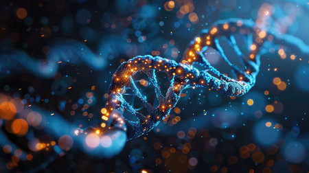 DNA molecule structure on dark background. Medical science and technologyの素材