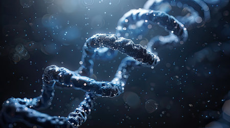 DNA molecule structure on dark background. Medical science and technologyの素材