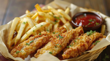 Delicious Basket of Chicken Strips and French Friesの素材