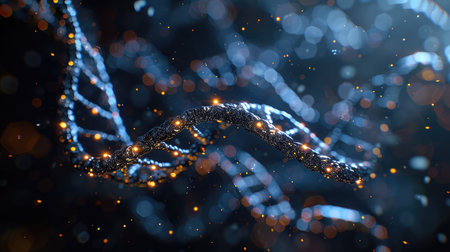 DNA molecule structure on dark background. Medical science and technologyの素材