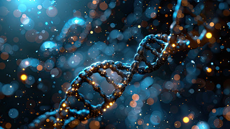 DNA molecule structure on dark background. Medical science and technologyの素材