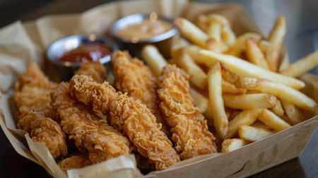 Delicious Basket of Chicken Strips and French Friesの素材