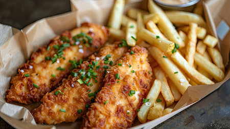 Delicious Basket of Chicken Strips and French Friesの素材