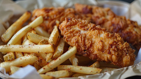 Delicious Basket of Chicken Strips and French Friesの素材