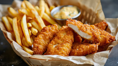 Delicious Basket of Chicken Strips and French Friesの素材
