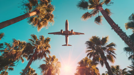 Airplane flying above palm trees in clear sunset sky with sun raysの素材