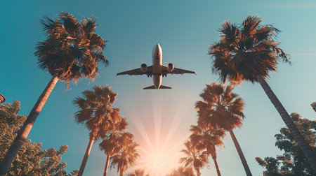 Airplane flying above palm trees in clear sunset sky with sun raysの素材