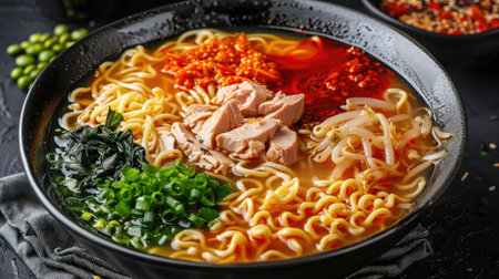 Japanese soup ramen in bowl on dark backgroundの素材