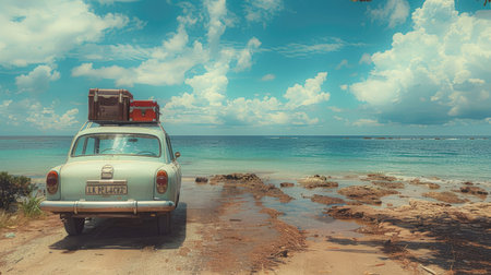 Old vintage car loaded with luggage on the roof arriving on beach with beautiful sea viewの素材