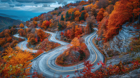 Aerial view of winding mountain roads through vibrant autumn foliageの素材