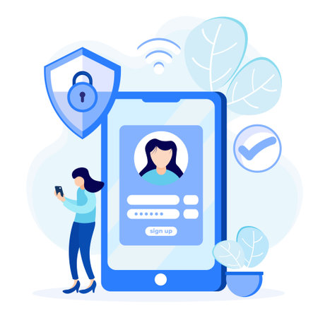 Flat vector illustration Simple scene with online registration. Create an account or log in to a specific site. Click the menu on the button banner to subscribe to marketing.のイラスト素材