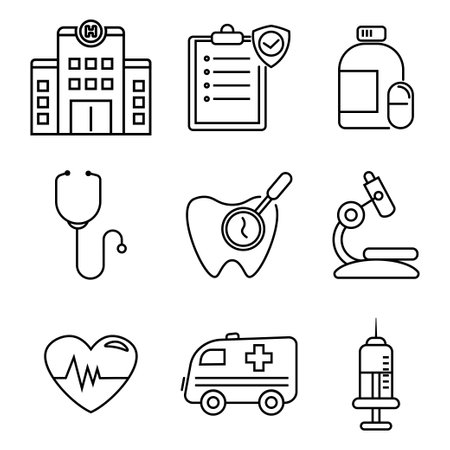 Collection of medical and healthcare equipment icons, symbols, lines. Simple vector illustrationのイラスト素材