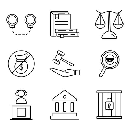 Collection of law and justice icons, symbols, approved line. Simple vector illustrationのイラスト素材