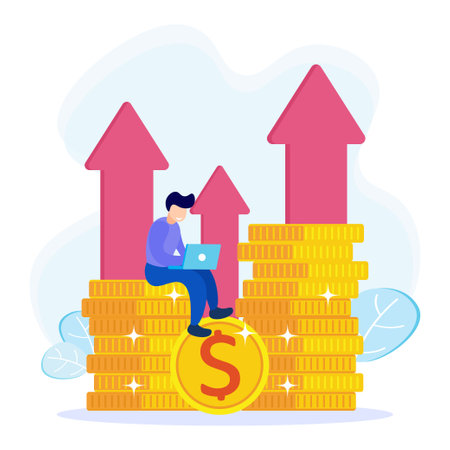 Vector illustration in flat style Analysis and financial concept showing graphs. The character of people is full of enthusiasm for profit.のイラスト素材