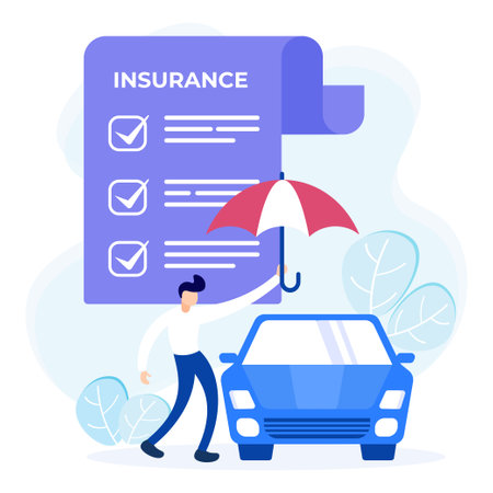 Flat isometric vector illustration isolated on white background. Car insurance concept with text place. Secure property and objects.のイラスト素材