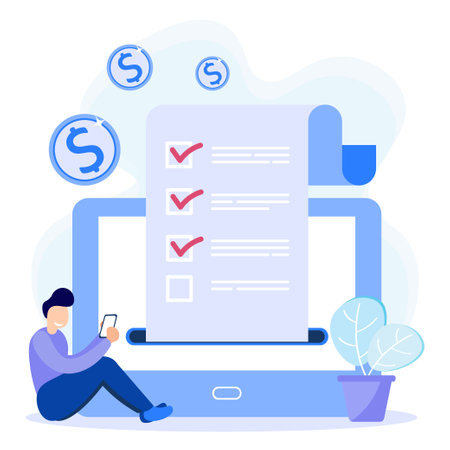 Flat style vector illustration. Characters calculate and fill out pay slips. Business accounting, organization and audit concept. Payment of workers' salaries on time.のイラスト素材