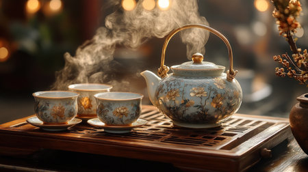 A traditional Chinese tea set, with a beautiful ornate teapot and matching cups, steaming hot tea on a wooden tray, in a warm, elegant setting.の素材