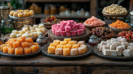Assorted colorful, sweet, cubed candies and treats on vintage platters, displayed on a rustic wooden surface.の素材
