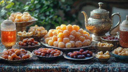 Assorted dried fruits and nuts displayed on ornate trays with tea.の素材