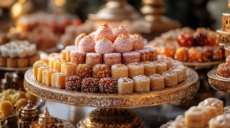 Assorted sugared treats displayed on ornate tiered trays.の素材