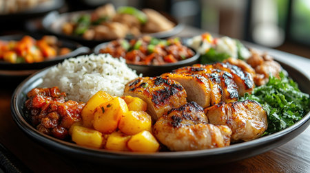 Assorted grilled chicken and rice dish with side dishes.の素材