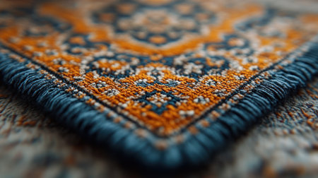 Close-up detail of a richly textured carpet with intricate patterns and fringe.の素材