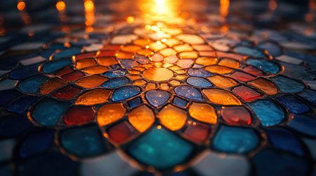 Close-up of intricate stained glass mosaic pattern with vibrant colors and a sunlit center.の素材