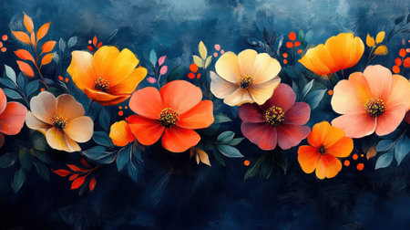 Delicate floral arrangement, with vibrant, colorful flowers, and foliage on a dark, textured background.の素材