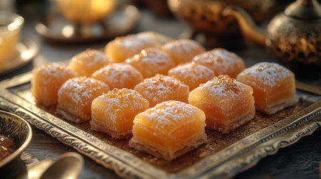 Golden, square, sweet treats,  arranged on ornate tray,  with  subtle powdered sugar,  garnished with sweet crumbs.の素材