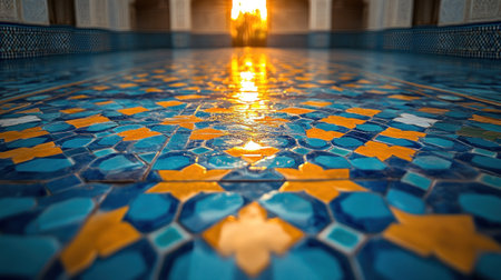 Intricate blue and orange tiled floor, sunlit interior space.の素材