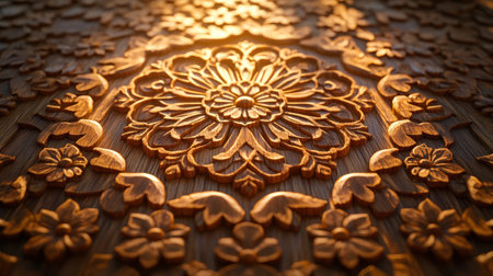 Intricate, detailed, sunlit,  wood carving, floral, ornate, pattern, design,  geometric,  circular,  relief,  texture,  wood grain,  craftsmanship,  brown,  golden,  light,  shadow,  art,  beautiful,  patterned,  design,  decorative,  exquisite,  detail,  artistic,  embossed.の素材