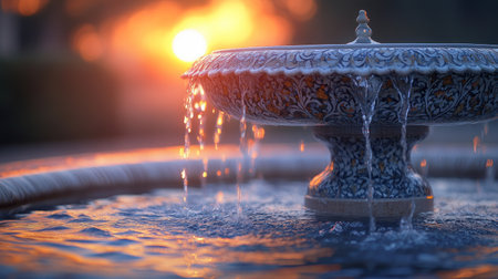 Ornate fountain at sunset, water cascading from decorative basin.の素材