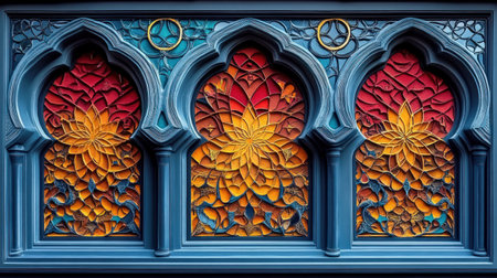 Ornate, colorful, stained glass-like design with arched openings.の素材
