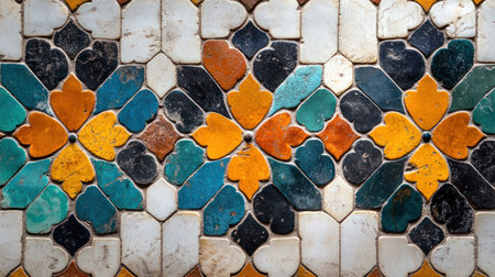 Ornate mosaic pattern of colorful tiles, exhibiting intricate floral design.の素材