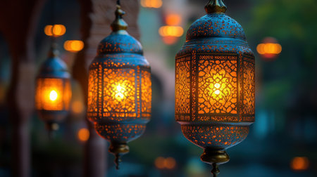 Ornate lanterns hanging, warm light shining through intricate patterns.の素材