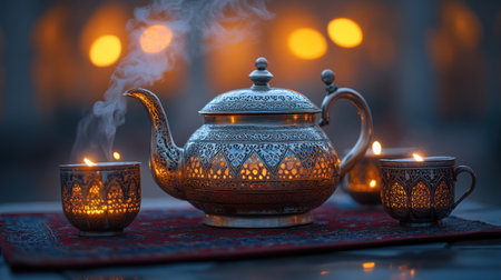 Ornate metal tea set with warm lighting, steam rising from a teapot.の素材