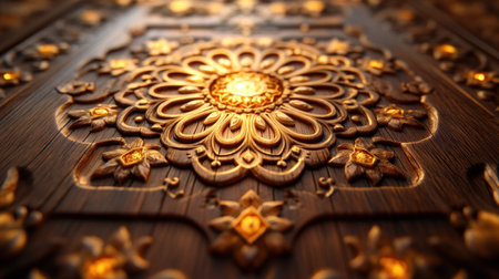 Ornate wooden panel with intricate carvings and glowing details.の素材