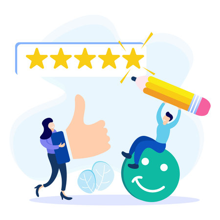 Flat style vector illustration. Customers Give Five Star Feedback. Clients Choose Satisfaction Ratings and Leave Positive Reviews. Customer Service Concepts and User Experience.のイラスト素材
